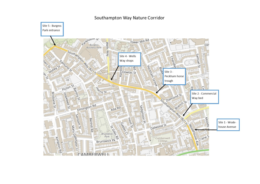 map of Southampton Way showing five sites - see list below photo